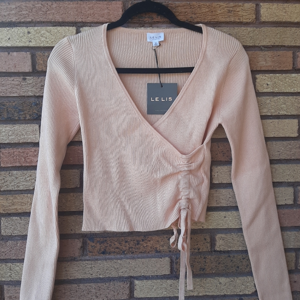 Le Lis Peach Ribbed Wrap-Style Crop Sweater